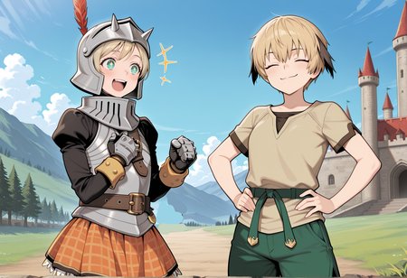 2girls, outdoors, castle, 1girl, short hair, blonde hair, aqua eyes, armor, breastplate, strap, belt, pleated skirt, checkered skirt, orange skirt, long sleeves, gauntlets, cowboy shot, helmet, hat feather, excited, starry eyes, clenched hand, hand on chest, open mouth, upper teeth only, looking at another,  <lora:cecile_suikoden_Illus:1>
BREAK
2girls, outdoors, castle, 1girl, gareth \(fate\), proud, smug, closed mouth, hands on own hip, clenched hand, masterpiece, best quality, amazing quality, very aesthetic, absurdres, highres, newest