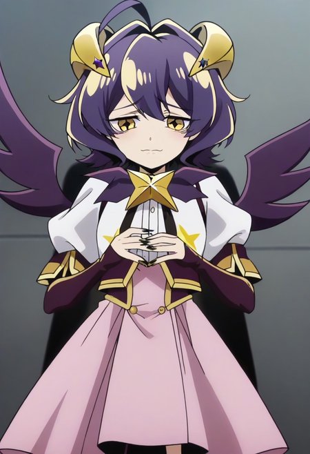 source_anime <lora:GushingoverMagicalGirlsSet1:0.8>, MagiaBaiser, short hair, yellow eyes, ahoge, purple hair, magical girl, showgirl skirt, black nails, low wings, cross-shaped pupils, yellow horns, star pasties,,, ,,, , , ,,,, ,,, , ,,,,,,,, anime coloring,anime screencap, 1girl,Solo ,, anime,official art,,Uncensored ,Unedited ,,,,,,,,