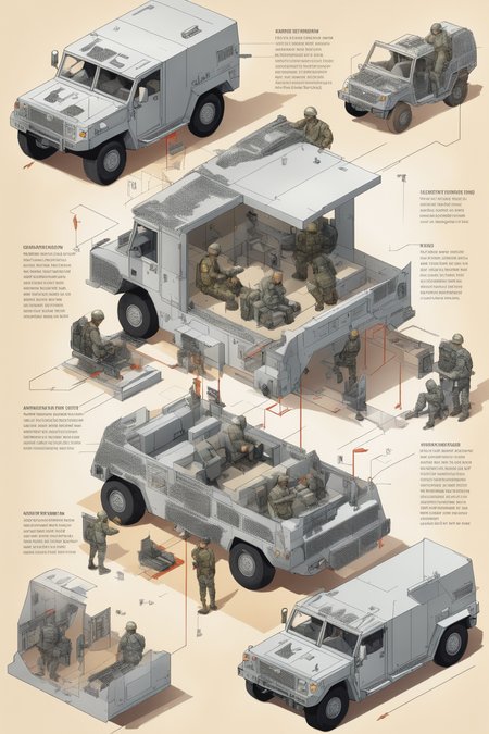 <lora:Isometric Cutaway:1>,Isometric Cutaway - An Image illustrating the instructions for the installation of armored vehicles. The background shows the armored vehicle installation scene, accompanied by illustrations or pictures that demonstrate the correct installation steps. The accompanying text instructions are presented in a clear and understandable manner, helping users to easily complete the installation of the armored vehicle.
