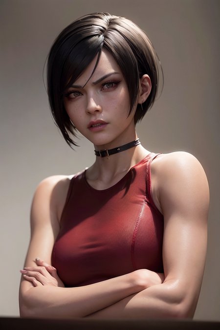 ((best quality)), ((masterpiece)), ((realistic)), (detailed) <lora:ADAWONGv11_Lora32:0.9> ADAWONG,  ((sfw)),  (defiance512:1.3), extremely detailed, highly detailed, fine detail, (facial clarity:1.5),  character portrait, bare shoulders, crop top, mask in hair, choker, red color palette background small details, ultra detailed,  oil painting, 4k wallpaper, aesthetic, masterpiece, award-winning photography, macro photography vivid colors, photorealistic, atmospheric, cinematic, moody, rule of thirds, majestic, detailed, perfect anatomy