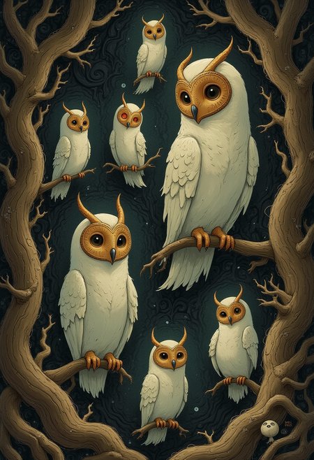CreeepyCuteMagic A parliament of ghostly owls wearing centuries-old carnival masks, floating silently through an underground cathedral of roots and forgotten lullabies; each owl holds a thread of someoneâs dream memory in its talon; drawn in a blend of silent film expressionism and the textured brushwork of oil-on-canvas.