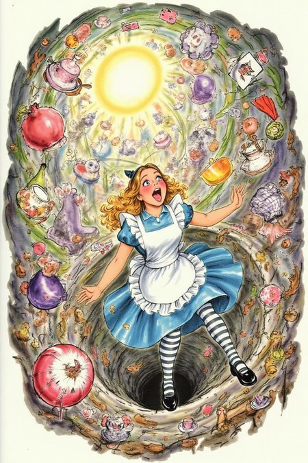 d0sn Illustration. Overhead view of Alice in Wonderland falling into the rabbit hole, with her legs dangling beneath her. She is looking upward, her face filled with shock and terror as she screams. Her blue dress and white apron billow out around her as she tumbles, while her striped stockings and black shoes are visible below. The rabbit hole is a swirling, chaotic mix of vibrant colors, playing cards, teacups, and other Wonderland objects floating around her. Soft glowing light emanates from the tunnel walls, adding an eerie, fantastical feel to the scene. The sense of motion and fear is palpable as Alice falls deeper into the unknown.  <lora:d0sn_illus1_fl_d6a3:1.0><lora:803605531169211964:0>