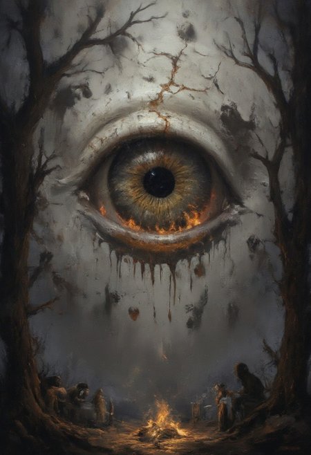 A massive humanoid eye with cracked, porcelain-like skin, suspended in a fog-drenched void. Veins extend from its sclera like twisted tree roots, intertwining with skeletal hands reaching from the darkness. Tiny, shadowy figures with featureless faces worship it below, their elongated limbs bending unnaturally. The iris reflects a burning city, but the flames drip upward like melting wax. The air is thick with floating, disembodied mouths whispering unreadable secrets. aidmaimageupgrader, bo-exposure, aidmaMJ6.1