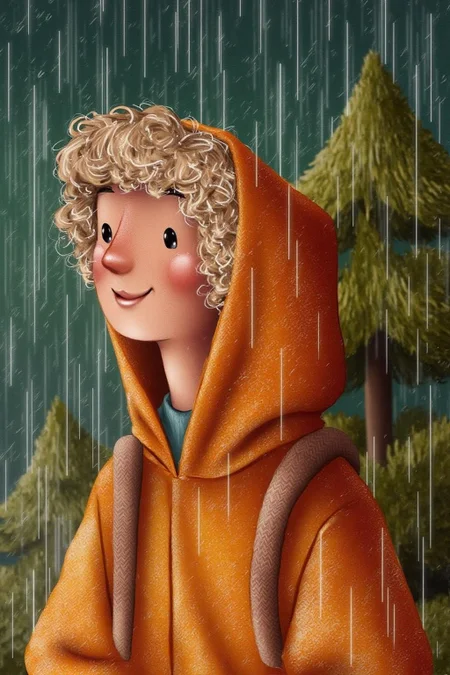 illustration.
A young girl with curly, light brown hair and a round, cheerful face. She is wearing an orange raincoat with the hood up, protecting her from the rain. The raincoat is wet, giving it a glossy texture, and it is open at the front, revealing a glimpse of a blue shirt underneath. There is a pine tree behind her. <lora:alicesa1_cap_d6a3:1.0><lora:830681284176102716:0>