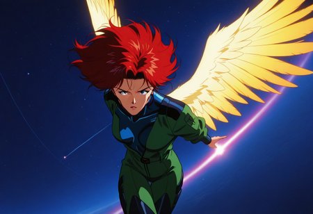 masterpiece,best quality,amazing quality, end_jngr3y, flying through the galaxy, red hair,  firebird manifested behind her, evangelion art style, green jumpsuit, anime_source, 190s_anime_aesthetic, 1990s (style), retro, retro artstyle,
very awa,perfect anatomy,masterpiece, perfect quality, best quality, detailed, newest,very aesthetic,detailed background,intricate details,