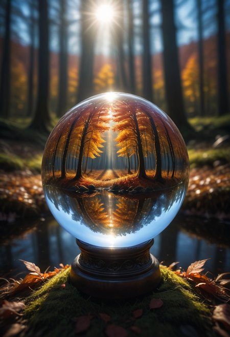 Crystal ball containing a forest ablaze with autumn colors, 
under a pristine blue sky, 
mysterious ambiance, 
capturing the essence of fall, 
sharp reflections, 
perfect clarity, 
dramatic lighting, 
ultra clear., 
Mysterious