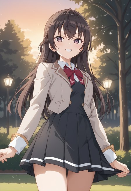 score_9, score_8_up, score_7_up, source_anime, masterpiece, best quality, highly detailed background, cinematic lighting, detailed eyes, detailed pupils, perfect face, Yuki Suou, unique outfit, looking at viewer, excited, hearts, dutch tilt, cinematic, standing, smile, low angle, legs, portrait, park, trees, lights, light posts, sunset, warm light, 
 <lora:Yuki_Suou_Pony:0.8>