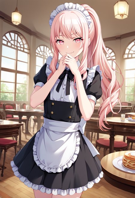 akiyama_mizuki, pink hair, pink eyes,  androgynous, 1other, official art, long hair, ponytail, maid outfit, frilled apron, black dress, bubble skirt, , BREAK indoors, restaurant BREAK looking at viewer, sexy face, happy, closed mouth, smile, shushing, hand near mouth,  cowboy shot,  BREAK score_9, score_8_up, score_7_up, source_anime ,zPDXL, perfect hand, <lora:Akiyama_Mizuki:0.8>