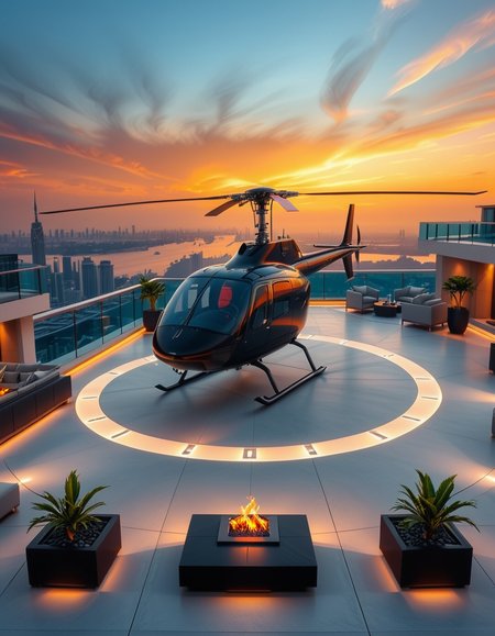 A high-resolution photo of a luxurious rooftop of a five-star hotel at sunset, featuring a sleek helipad with a high-end, matte-black private helicopter elegantly parked. The rooftop is designed with ultra-modern architecture, featuring a spacious terrace with infinity-edge glass railings, ambient lighting, and a panoramic city skyline in the background. The surface of the helipad is clean, polished concrete with clear illuminated markings. Surrounding the helipad, there are lounge areas with modern outdoor furniture, minimalist fire pits, and decorative planters with tropical greenery. The lighting is warm and golden, casting soft shadows and highlighting the contours of the helicopter and the textures of the rooftop. The sky is dramatic, painted with hues of orange, pink, and violet, creating a cinematic atmosphere of luxury and exclusivity. The overall mood is elite, calm, and aspirational, showcasing the ultimate in urban luxury lifestyle.
<lora:SDXLFaeTastic2400:0.4> <lora:extremely_detailed:0.4> extremely detailed, <lora:helipad_r00ft0p:1>,helipad r00ft0p, Masterpiece,best quality,hi res,8k,hi res,8k,award winning,(sharp focus, intricate, highly detailed),