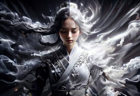 linquivera free self-expression, young girl eyes closed, head slightly tilted back, white glowing hair on one side, natural lighting on face, powerful defined facial features, Detailed royal clothing , beautiful pattern in very heavy smoke. backlighting on dark side. Bright white glow on white side.