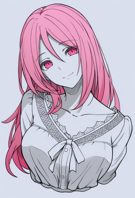 masterpiece, best quality, 1girl, solo, M0moiS4tsuki, pink eyes, pink hair, long hair, hair between eyes, blouse, collarbone, spot color, greyscale, monochrome, lineart, sketch, graphite \(medium\), traditional media, cropped torso, looking at viewer, smile, head tilt, three quarter view, <lora:ChamMomoiSatsukiNoob:1>