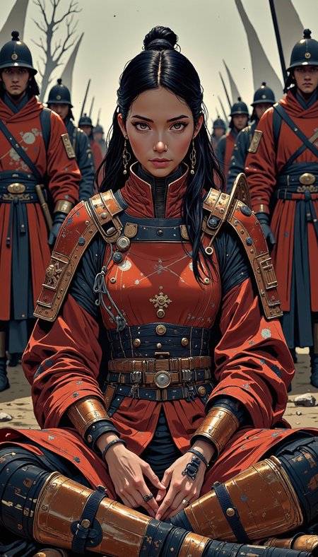 Comic book style, A female warrior, adorned in an elaborate suit of samurai armor, primarily crimson with black accents. She is seated on the ground in a relaxed pose, her expression one of stoic serenity. Her long, dark hair cascades around her shoulders, framing a face with delicate features. She is armed with two katana, their hilts visible over her shoulders. The scene is set against a blurred backdrop of other warriors, their features indistinct, creating an atmosphere of anticipation. Employ a tenebrist lighting scheme, with a chiaroscuro effect highlighting the warrior's form and the intricate details of her armor. The image should evoke a sense of quiet strength and resolute readiness.