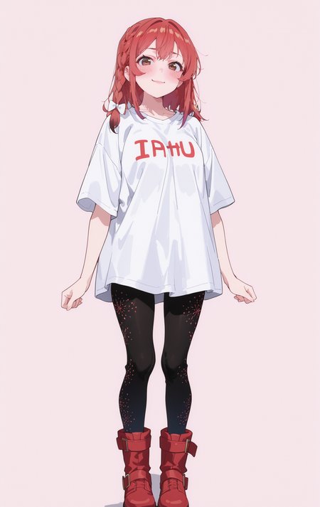 masterpiece,best quality,newest,absurdres,highres,
front view,full_shot,Sarcastic smile,looking_at_viewer,
<lora:SakurasawaSumiCYQL:1>,SakurasawaSumiCYQL,1girl,solo,red hair,braid,single braid,hair bow,brown eyes,blush,Neon leggings, oversized t-shirt, chunky boots,
full body,standing,hands_on_own_face,,
khaki background,simple background,
<lora:spo_sdxl_10ep_4k-data_lora_webui:0.5>,<lora:illustrious_all_rated_v1:0.6>,<lora:748cmSDXL:0.8>,748cmstyle,<lora:DarkerThanBlackIllustrious:0.5>,<lora:EtherSDXL:0.5>,EtherStyle,,