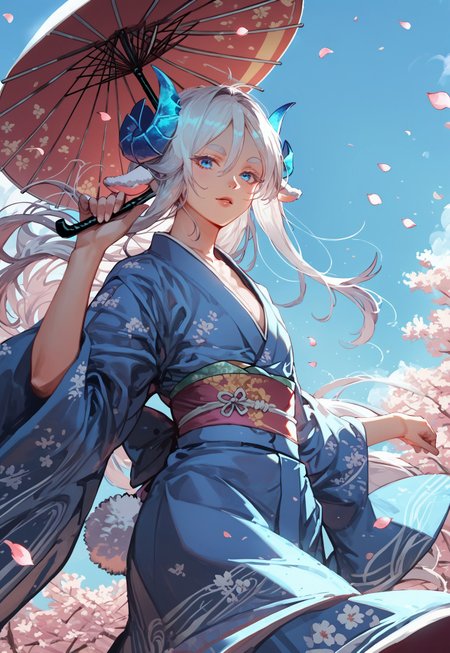 score_9, score_8_up, score_7_up, anime, best quality, 1boy, white hair, sky blue eyes, long eyelashes, white eyelashes, light skin, flat chest, perfect face, detailed body, cute, small, jfcut, hair between the eyes, Circular eyebrows, side-parted hair, small crystal horns, sky blue horns, fluffy sheep ears, white sheep ears, long dragon tail, long hair,,
, 
dynamic pose, expressive, dynamic pose, dynamic angle, volumetric lighting, cinematic lighting,
,
,
kimono, holding umbrella, cherry blossom, looking at viewer, petals falling,