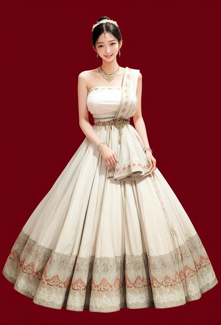 1girl,red background,,ruanyi1012,sari,dress,tube top,necklace,jewelry,bracelet,
full body,<lora:1012 traditional clothing 1_v1_pony:1>, score_9, score_8_up, score_7_up, score_6_up, score_9, score_8_up, score_7_up, score_6_up source_anime, blush, 1girl, seduce smile, perfect body , natural huge breasts