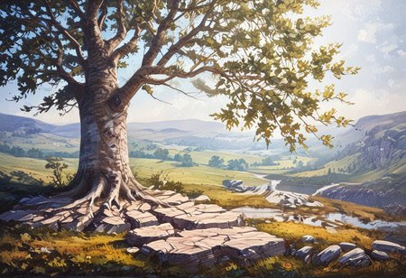 Limestone Pavement, malham tarn, Yorkshire Dales, windy, single tree, deciduous woodland, ((Highest quality:1.0),(High resolution:1.0), (masterpiece:1.0), (ground level view:0.6, viewer looking up:0.6), beautiful and aesthetic:1.3), extreme detailed, colorful, highest detailed,((ultra-detailed)),(highly detailed CG illustration),,