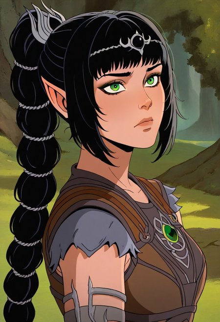 masterpiece, best quality, newest, absurdres, highres, 
X-1990STV1.0, 
1girl, shadowheart \(baldur's gate\), long braid, elf, pointy ears, black hair, braid, side bangs, green eyes,