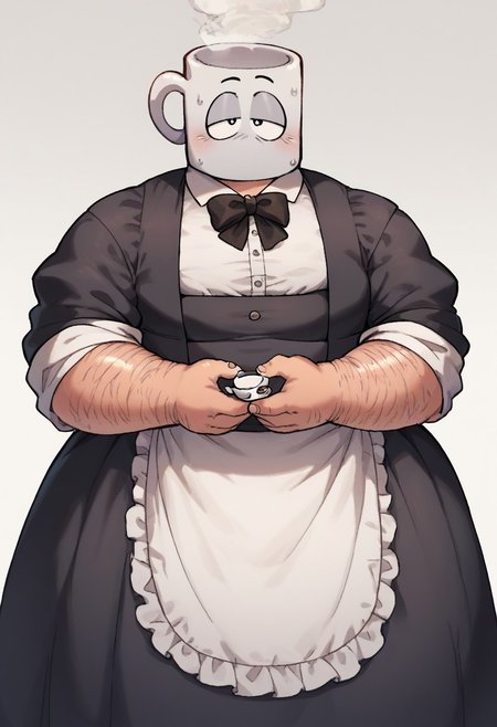 score_9, score_8_up, score_7_up, bara, masterpiece, lots of details, best quality, amazing shading, 1boy, solo male, overweight male, chubby, fat, fully clothed, male, large pectorals, fat pectorals, broad shoulders, overweight, obese, chubby arms, belly, chubby thighs, ((object head, mug head, steam coming out from head)),((cartoon eyes, round eyes, eyes wide open, mouthless)), victorian dress, elegant outfit