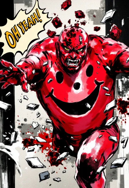<lora:Yoji_Shinkawa_Style_FLUX-000012:0.9>
This is a digital illustration in a manga-inspired, dark, and gritty yshinkawa style. The artwork features   Kool-aid man breaking through a wall with the speech bubble: "OH YEAH!"