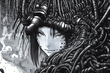 <lora:Blame!:1> heavy black and white, monsters-creatures, cyborg girl portrait,  OrganicBiomArt, ((monochrome)), smirk512, , detailed (wrinkles, blemishes!, folds!, moles, viens, pores!!, skin imperfections:1.1), highly detailed glossy eyes, (looking at the camera), specular lighting, dslr, ultra quality, sharp focus, tack sharp, dof, film grain, centered, Fujifilm XT3, crystal clear