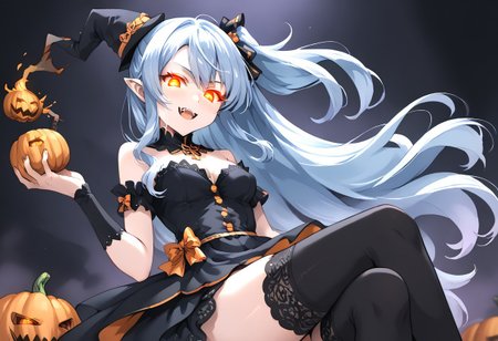(masterpiece), (score_9, score_8_up, score_7_up,source_anime), 4K8K, 
(from below), misty, steam, fog, Floating Halloween pumpkins, 
halloween, halloween fantasy, 
pumpkin head woman, Pumpkinhead, Sitting on a throne, (solo), (Glossy skin, pale skin:1.3),  (crossed arm, hold stick), burning pumpkin, (dark aura:1.4), (smirk, half-opened mouth, Canine, tooth, fang1.2), 
(medium figure:0.9), (pointy breasts:1.1), 
(glowing eyes), 
(wearing vampire cos, dress, makeup, red and black dress, Miniature Hats, zettai ryouiki, thighhighs:1.2), 
(emperor's audience room, dark room:1.3), elf ears,
