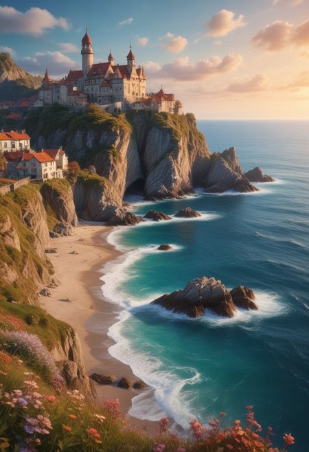 fantasy style, seaside, masterpiece, best quality, fantasy world magical landscape, ((realistic)), intricate details, 8k, highres, sharp image, sharp focus, mesmerizing, ultra detailed, highiest texture resolution, vivid colors, high quality and detailed scenery, highly detailed image, dynamic angle, depth of field