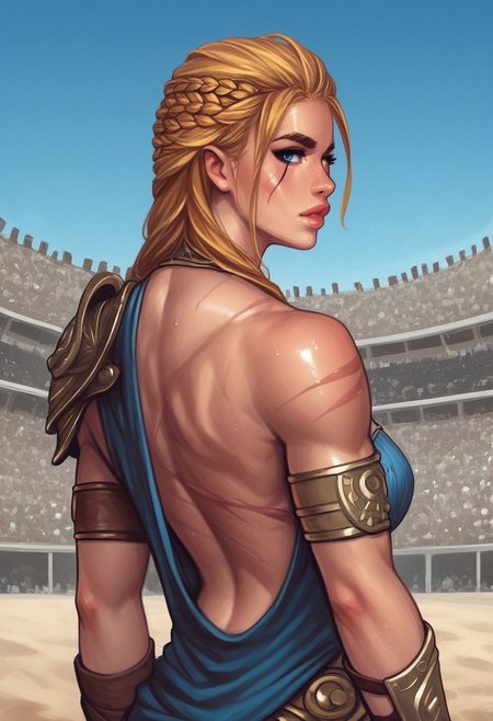 1girl, (((back view))), illustration, highly detailed, skinny, model body, looking at viewer, 1girl, masterpiece, best quality, femgladiator, scar, bloody, dynamic pose, <lora:Gladiator_F_For_Honor:0.9>
BREAK
(((((Bestiary gladiator armor, scars on face))))), ((((dynamic pose))))
long hair, blonde hair, big hair, blue eyes,
(((a short soft tunic, arms and legs bandaged with tight bandages)))
best quality, depth of field, bokeh, (((full clothed))), 
BREAK 
((((outdoor, gladiator arena, sand, colosseum, scars on body, bloody:1.2)))) score_9, score_8_up, score_7_up, score_6_up, source_cartoon, rating_explicit, Expressiveh, ((((upper body))))), dynamic pose,