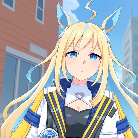 (zPDXL2), score_9, score_8_up, score_7_up, source_anime, BREAK, 1girl, solo,
<lora:NeoUniverse3DPony:0.85>, NeoUniverse3D, long_hair, multicolored_hair, blonde_hair, blue_hair, blue_eyes, horse_ears, horse_tail, small_breasts, ahoge,
expressionless, 
Universe-Naut, white_jacket, cleavage, sleeves_past_fingers, sleeves_past_wrists ,
upper_body, outdoors, sky ,