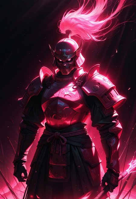 best quality, masterpiece, highly detailed, 
 cutout, cowboy shot ,  luminescent background, ,surreal lighting,  samurai , red and pink armor , war hammer