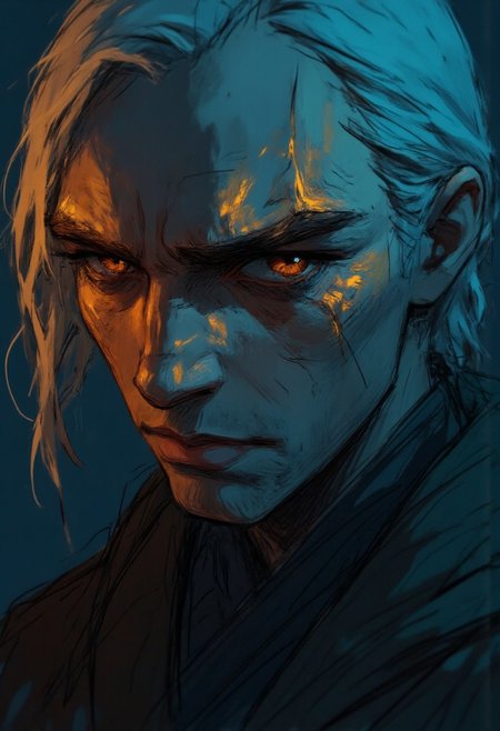 Close up portrait in Ev Ganin II style of a dark blue and gold black-toned Op Art photo of a slender man with special white hair. He has golden paint splashed on his face. The atmosphere is a dramatic and moody. It is shot in a low-key, high-contrast style. He has a neon glow on his face highlighting his features. His special eyes stand out and look serious. surreal, abstract, strong emphasis on geometric patterns, contrasting colors, very detailed, experimental, artistic, Atelier des Lumières, Museum of Modern and contemporary art in Paris, Musée Jacquemart-André