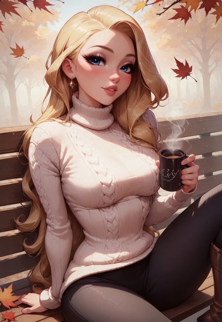 safe_pos, sexy 20 year old, ((long blonde hair)), very thick puffy lips, thick glossy lips, feminine makeup, long eyelashes, eyeliner, hourglass figure, medium breast, perky breast, ((large white fancy sweater)), ((long white sweater)), untucked sweater, ((Black yoga pants)),  ((brown boots)),  oily skin, flirty, feminine, seductive, alluring, ((flirting)), white skin, bright lighting, detailed eyes, ((big expressive blue eyes)), feminine posture, score_9, score_8_up, score_8, sitting on bench, autumn leaves, holding coffee mug