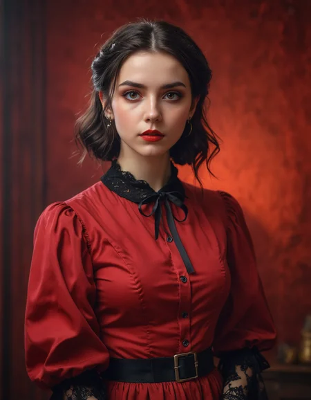 a woman standing in front of a red background, by Andrei Kolkoutine, tumblr, portrait of a young witch girl, red elegant shirt, refined editorial photograph, wearing a gothic dress, innocent look. rich vivid colors, tom bagshaw style, elegant fashion model, girl with dark brown hair, young handsome pale roma, portait photo,  ISO 300, 1/250s, F/2,8, 38 mm, extremely high quality RAW photograph, 4k, sharp focus, high resolution, 8k UHD, DSLR, high quality, film grain, Fujifilm XT3