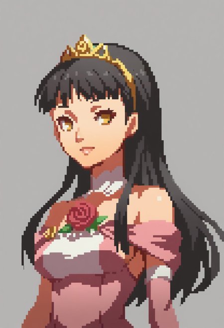 score_9, score_8_up,  detailed,    absurdres, extreme_quality,   anime style,     portrait, upper body portrait, slight side angle,  medium breasts, rpg portrait,  rpg, portrait,  , shadow, plain background, light grey background,  , upper body focus,   face focus, looking at viewer,  slight smile,  p4yukiko, amagi yukiko, long hair, black hair, bangs, hairband,  , long hair, p4yukiko-shadow, yellow eyes, tiara, ballgown, pink ballgown, pink dress, bare shoulders, flower, rose, red rose, elbow gloves,