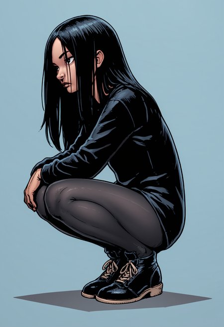 score_9, score_8_up, score_7_up, score_6_up, score_5_up, score_4_up, source_western, source_cartoon, 1girl, <lora:TheFemale:0.85> small breasts, black eyes, black hair, long hair, black shirt, tights, black footwear, full body, (side view), squatting,
light blue background, simple background,