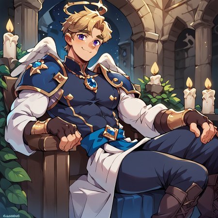 8k, score_9, score_8_up, score_7_up, masterpiece, 1boy, N0AH, muscular twink, broad shoulders, slim waist, lean, young, handsome, cute face, blonde hair, purple eyes, white angel wings, halo,
intricate white robe, shoulder pads, blue capelet, blue sash, sapphire amulet, fingerless gloves, bracers, thighhigh boots,
shy, smile,
cathedral ruins, indoors, in the night, nighttime, moon, lit candles. dark city in the background,