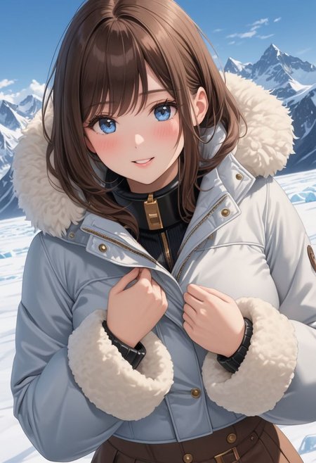 ((((white Oversized shearling down jacket)))), ((((white Oversized shearling puffer jacket)))), ((((white Oversized shearling winter clothes)))), ((((very very cold, in cold)))), ((((semi-realistic)))), ((((puffer hood)))), ((medium knee office skirt, pantyhose, boots)), ((((full length portrait)))), ((sharp eyelid, eyeliner, eyelashes, beautiful detailed eyes, tsurime, long messy brown hair, blue eyes, perfect anatomy)), detailed fingers, solo, smile, standing, icefield, ((((masterpiece)))), ((((best quality)))), ((intricate details)), RAW, 8K UHD, (1girl), office lady, detailed face, beautiful face, charming, bonny, (((blush))), (((heavy breathing))), (((feels orgasm))), wind, (Thick padded collar:1.4), (TSH:1.4), (Thick padded cuffs:1.4)