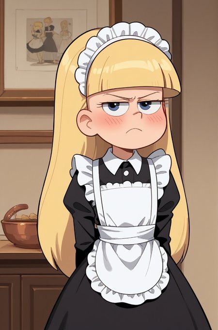 score_9,score_8_up,score_7_up, BREAK,
 <lora:Pacifica_Northwest_-_Gravity_Falls_PonyXL:0.85> pacifica, long hair, blonde hair, blunt bangs, bangs,
1girl, blush, pout, maid outfit, flat chest, small body, cute, black dress, white apron, looking at viewer,