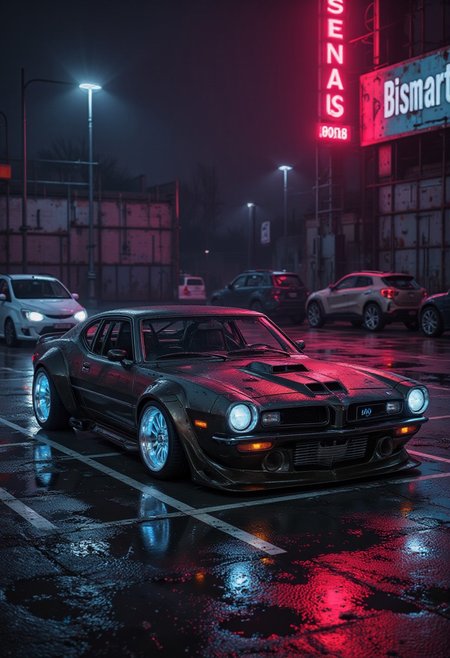 ((Toyota Celica T23 :1.3), Germany, 3/4 front view of ((futuristic cyberpunk hotrod zeekars)) (with glowing tires), in parking lot), big neon sign, racing, multiple cars, beautiful scenery flowing at high speeds, cars with sweaty hands and feeling of speed (with glowing tires), midnight, dynamic angle, racing, motion, multiple cars (beautiful scenery flowing at high speeds, cars with sweaty hands and feeling of speed:1.4), detailed textures, high quality, high resolution, high precision, illustration, color correction, proper lighting setup, harmonious composition, work from Behance,
 <lora:Dieselcore:0.7> d1eselc0re <lora:Glitchcore_Flux:0.4> gl1tchc0re