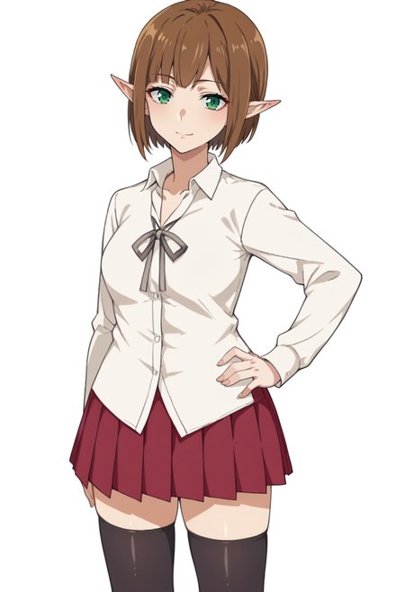 score_9, score_8_up, score_7_up, source_anime, 1girl, solo, Ein3Tu113, green eyes, brown hair, short hair, pointy ears, CasualClothes, dress shirt, white shirt, grey ribbon, long sleeves, red skirt, pleated skirt, black thighhighs, hand on hip, <lora:Eina Tulle - Danmachi V3 KKS Ver-000010:1>, white background, standing, smile