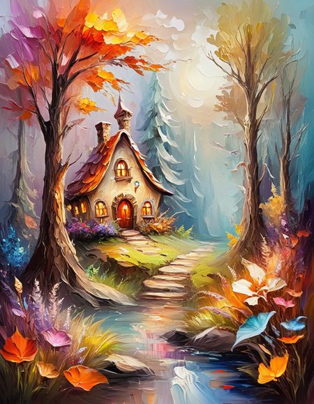 novuschroma25 style mystical fantasy land with enchanted forests, whimsical creatures  as an impasto painting <lora:novuschroma25 style_light:1>