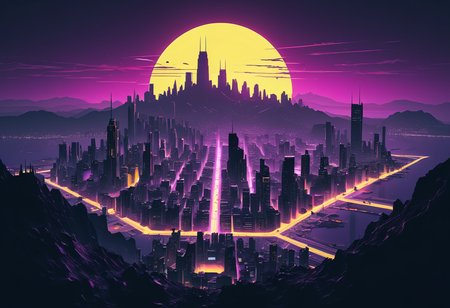 realistic, RAW photo, high quality, Stable_Yogis_PDXL_Positives, photo from a height of a huge <lora:gotham city style v3:0.1> gotham city style, made of , in <lora:Neon_Scene:0.1> neonscene, <lora:sdxl_cyberpunk:0.6> cyberpunk style vast city with bright day light,city inside a crater, in <lora:Clean_Minimalist:0.3> minimalistic, flat color, no lineart, silhouette, simple bright background,, featuring <lora:PAseer-SDXL-majesticmountain:0.0> mountain landscape,PYS-XL