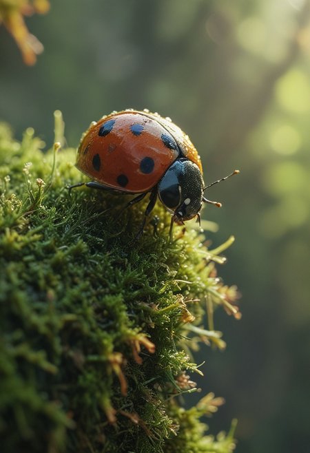 A photo of a rainbow colored ladybug on a moss covered branch, backlit,  glow hyper realistic, natural soft rim light, cinematic lighting, concept art by arti stincent<lora:add-detail-xl:1> <lora:MJ52:0.5> <lora:sss:0.5>