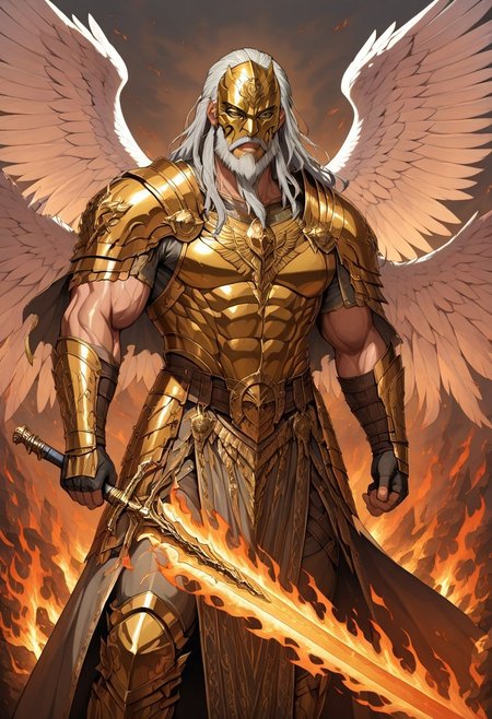 masterpiece, best quality, newest, absurdres, highres, 
INFMixV1.0,
1boy, angel, angel wings, beard, armor, manly, muscular male, mask, face mask, golden mask, grey hair, facial hair, feathered wings,
sword, holding, holding sword, holding weapon, manly, muscular male, fire, fire sword, flame sword,