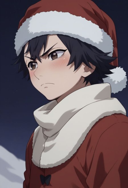 score_9, score_8_up, score_7_up, source_anime, highly detailed, 
zazie, 1boy, male_focus, solo, black hair, short hair, brown eyes, santa costume, santa hat, frown, blush, upper body,
indoor,