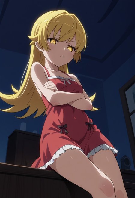 1girl, solo, legs crossed, arms under breasts, pout, night, dim_lighting, bedroom, Shinobu, long hair, blonde hair, expresive eyes, small breasts, red_night_sleeping_dress, score_9, score_8_up, score_7_up, source_anime,  anime screencap, anime coloring, from below, looking_down_to_viewer