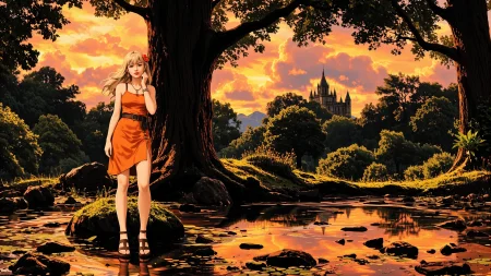 long hair medium blonde hair young woman, druid, illustration, comic, anime, extremely detailed, portrait, standing, happy smile, flower in hair, glossy lipstick, celtic necklace, medallion earrings, loincloth, sandals,  Construction Orange druid short dress, legs, sharp focus, fantasy, celtic landscape, small rock, moss, ripples, reflections, celtic  castle, small river pond, druid forest, druid village, stunning nature environment, enchanted land, clovers, Bright Camel flowers, best quality, colorful, wet floor, bright sunny sky, sunset, raytracing, hdr, high contrast, ethereal natural lights, backlight, lens flare, shadows, vibrant colors, colorful, pretty, beautiful, happy, smiling, feminine, sexy, lovely, in love, adorable, fashion,  <lora:Hand v2:1> <lora:Anti-Blur:1><lora:Insane Detail Slider:0.5>  <lora:flux.1_lora_flyway_Epic-detail_v2:0.3><lora:fluxenhancer:0.5> <lora:RetroAnimeFluxV1:0.4> <lora:Luminous_Shadowscape:0.4>
