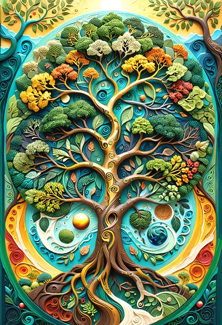 carving style artwork, Impasto style painting of (Earth depicted as a delicate balance of ecosystems, intricate details, realistic style, environmental theme,  On the top is 1(Tree of life) symbolizing ecological balance and harmony, detailed intricate roots and branches, vibrant colors,  high resolution, inspirational, ecosystem), with a Zentangle-style background, high detail, fine brush strokes, traditional art, golden palette, dynamic composition, artstation, 4k resolution, masterpiece