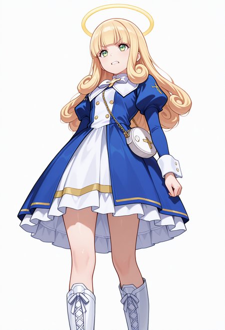 Smooth Quality,masterpiece,very intricate, high quality details, ultra realistic, high detailed skin,detailed enviorement,absurdres,
akanbe,
 <lora:Poporon_CNR:0.8> poporon_cnr, 1girl, blonde hair, long hair,blunt bangs, green eyes, poporon_cnr_def, blue dress, long sleeves, puffy sleeves,cross,handbag, knee boots, halo,curly hair,, grimace,, simple background, white background, from below,solo,