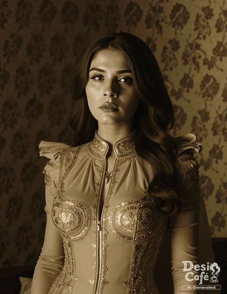 vintage sepia photo of Adrija Addy Roy woman, hyper realistic photo that is safe for work, angry, studio quality image, well dressed wearing intricate long sleevedhigh necked evening gown, hair styled as straight hair,muted shaded wallpaper background that contrasts with the person, cinematic lighting,âââââ <lora:Adrija_Addy_Roy_Flux_Kohya_V1:0.8>âââ