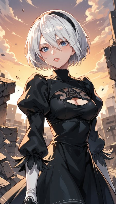 score_9, score_8_up, score_7_up, Anime Style, Portrait, yorha no. 2 type b, short white hair, black dress, hairband, clothing cutout, cleavage cutout, puffy sleeves, black hairband, feather-trimmed sleeves, juliet sleeves, mole under mouth, sunset, rubble in the background, depth of field, dynamic angle, fashion photography, sharp, hyperdetailed:1.15